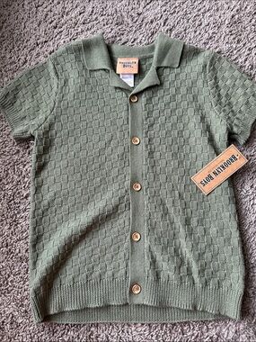 Olive Green Knit Button-Up Polo for Kids